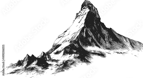 Black and white illustration of Matterhorn mountain with detailed shading. Vector illustration