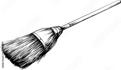 Black and white illustration of a classic broom with a wooden handle. Vector illustration