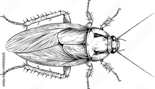 Detailed black and white illustration of a cockroach with intricate patterns. Vector illustration