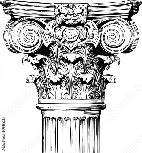 Detailed black and white illustration of a Corinthian column capital design. Vector illustration