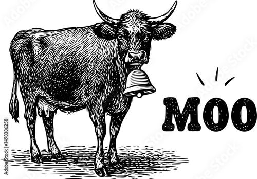 Engraved cow illustration with bell and moo text in black and white drawing. Vector illustration