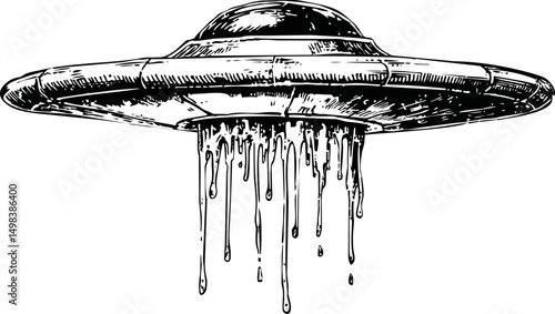 Monochrome illustration of a UFO melting with dripping liquid, surreal concept. Vector illustration