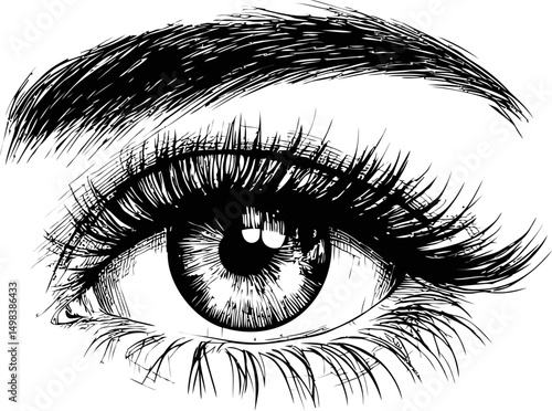 Detailed black and white sketch of a human eye with eyebrow illustration. Vector illustration