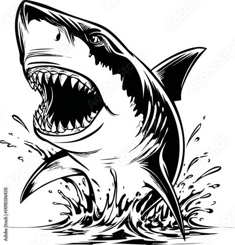 Black and white illustration of a shark leaping from the ocean splash. Vector illustration