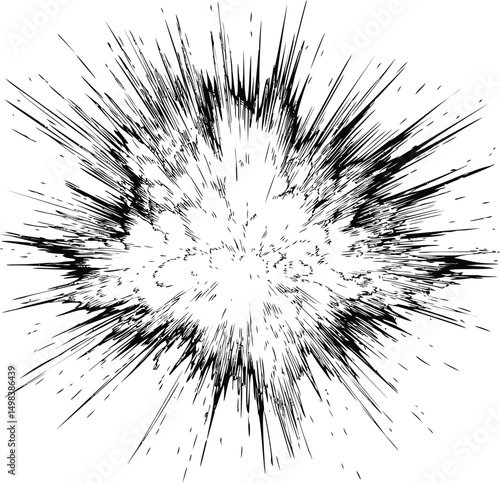 Black and white comic style explosion radiating spikes and lines. Vector illustration