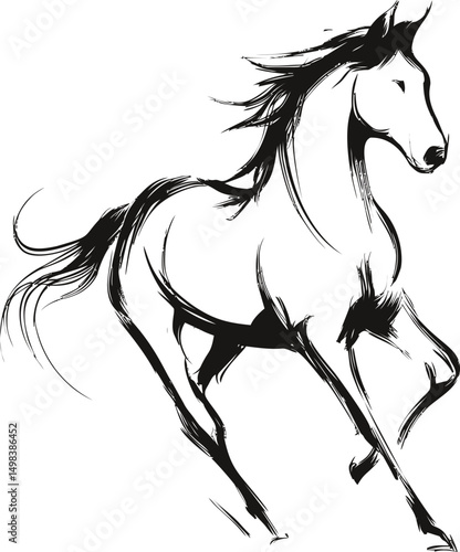 Dynamic black ink sketch of a galloping horse on a white background. Vector illustration