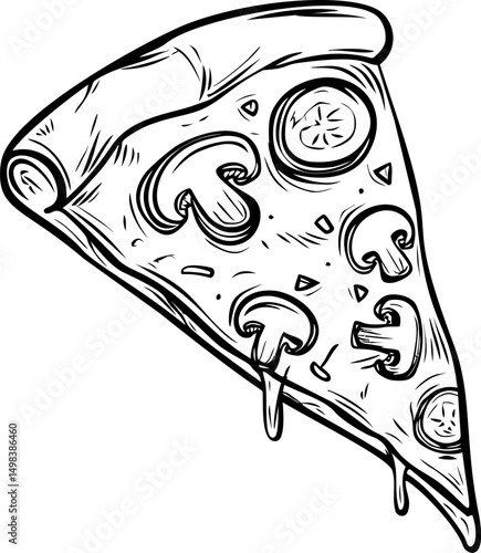 Slice of pizza with mushrooms and tomatoes in black and white illustration. Vector illustration