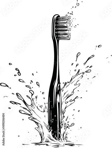Black and white illustration of a toothbrush with splashing water effect. Vector illustration