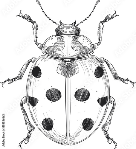Detailed black and white illustration of a ladybug with intricate patterns. Vector illustration