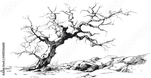 Black and white sketch of a twisted barren tree with rocky landscape, ink drawing. Vector illustration
