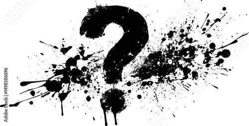 Black ink splatter with question mark on white background, abstract concept. Vector illustration