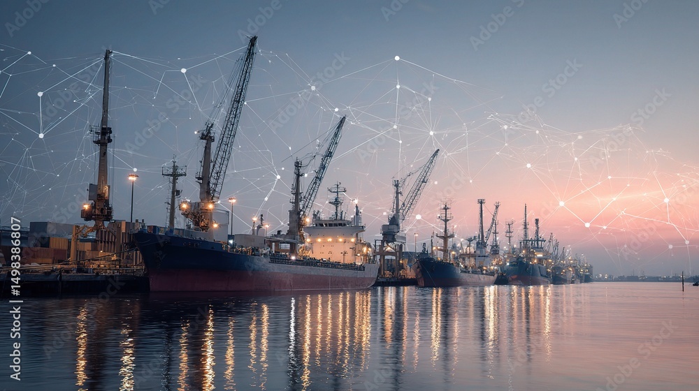 Fototapeta premium Cargo Ships at Port with Supply Chain Network Visualization