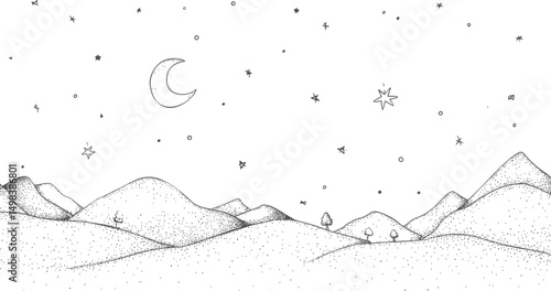 Minimalistic night sky with stars and crescent over dotted hills landscape. Vector illustration