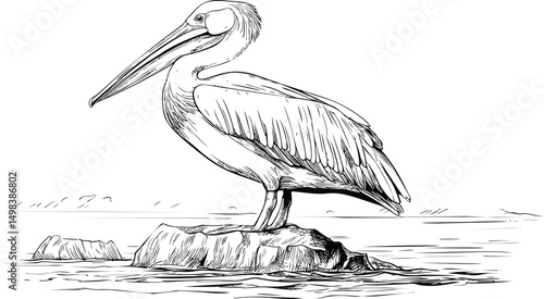 Detailed sketch of a pelican standing on rocks by the water in black and white. Vector illustration