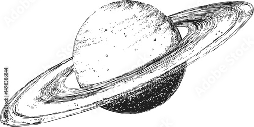Black and white illustration of saturn with detailed rings, space art concept. Vector illustration