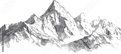 Monochrome hand-drawn mountain range sketch with detailed peaks illustration. Vector illustration