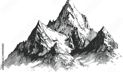 Detailed black and white sketch of towering mountain peaks, nature illustration. Vector illustration