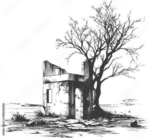 Abandoned building with bare tree and cracked walls in black and white illustration. Vector illustration