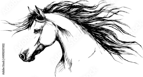 Detailed black and white sketch of a horse with flowing mane, side profile. Vector illustration
