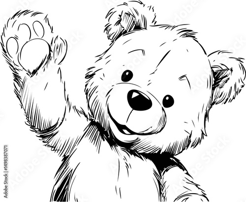 Smiling cartoon teddy bear waving hand in black and white sketch. Vector illustration