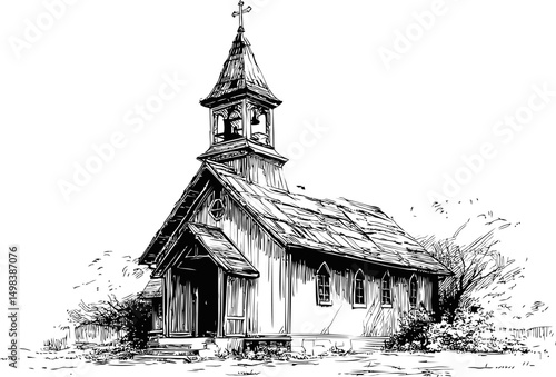 Historic wooden church in detailed black and white sketch with bell tower. Vector illustration