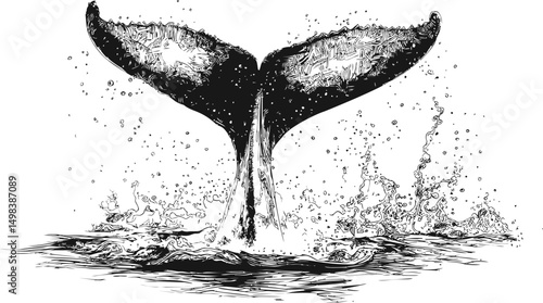 Detailed black and white illustration of a whale tail splashing in the ocean. Vector illustration