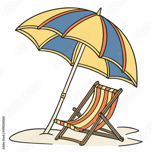 Beach umbrella and striped deck chair summer vacation
