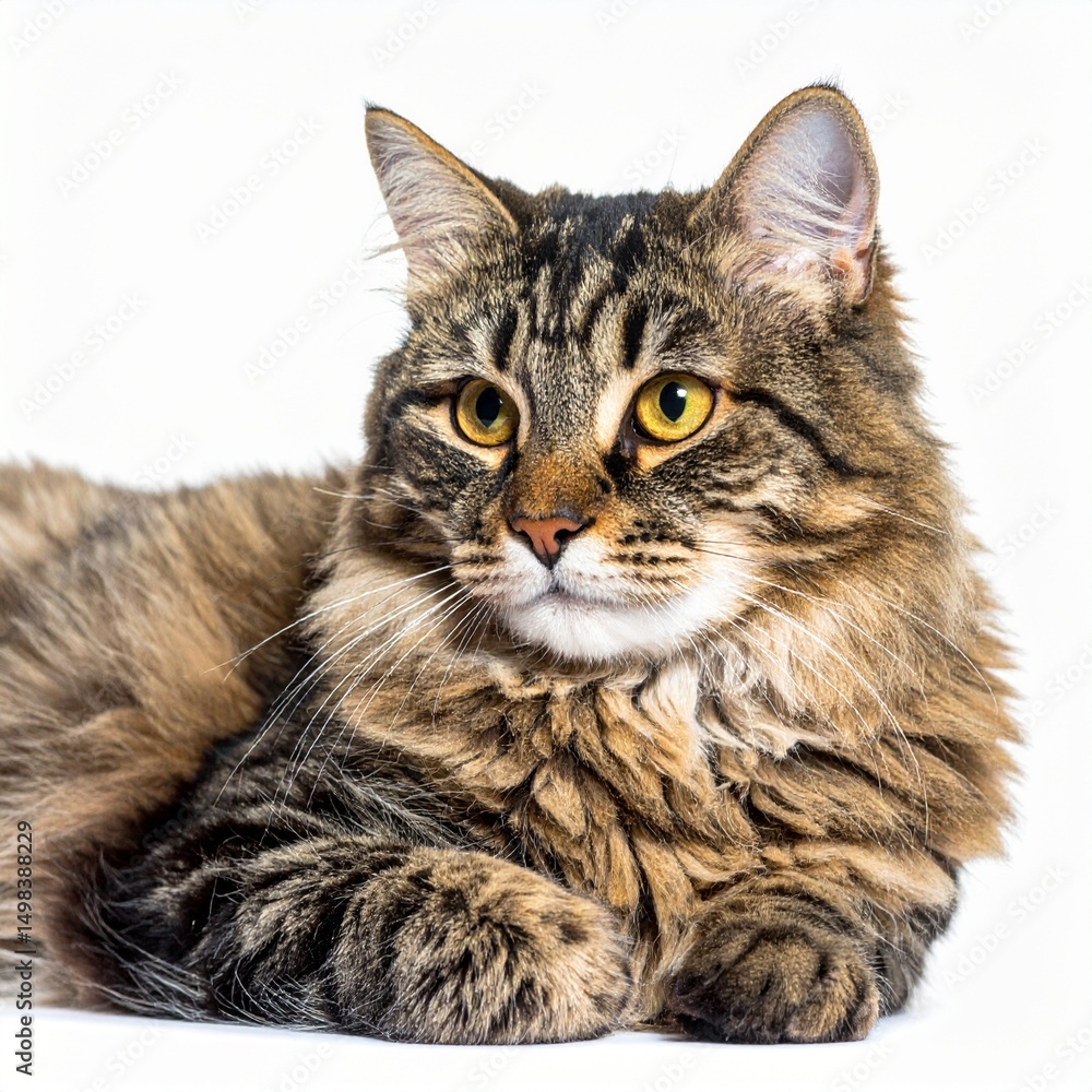 Naklejka premium Domestic Cat Resting with Gentle Gaze and Soft Fur Texture on Isolated White Background