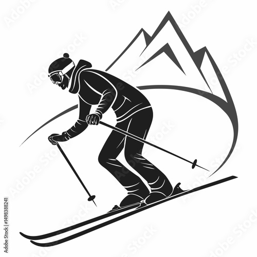 Skier carving down snowy mountain slope