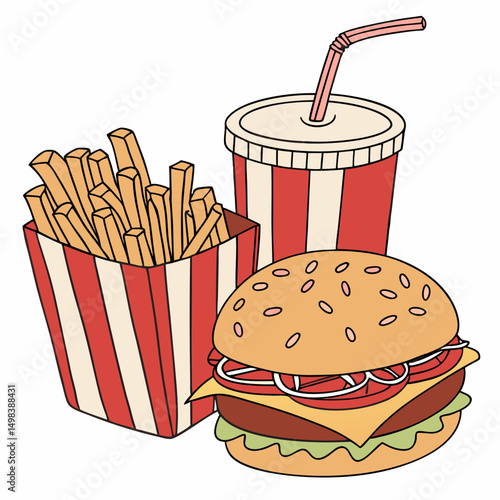 Delicious burger fries soda combo fast food meal