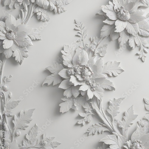 Subtle embossed floral plasterwork, light gray on white , clean, vintage