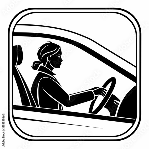 Woman driving car icon black silhouette