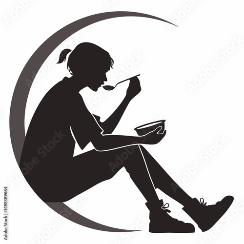 Girl eating soup sitting crescent moon silhouette