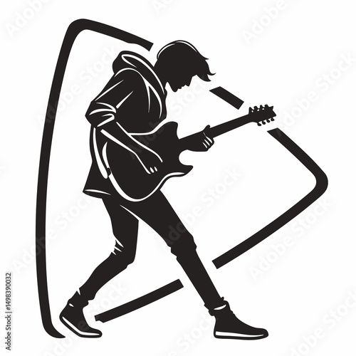 Young guitarist playing electric guitar silhouette