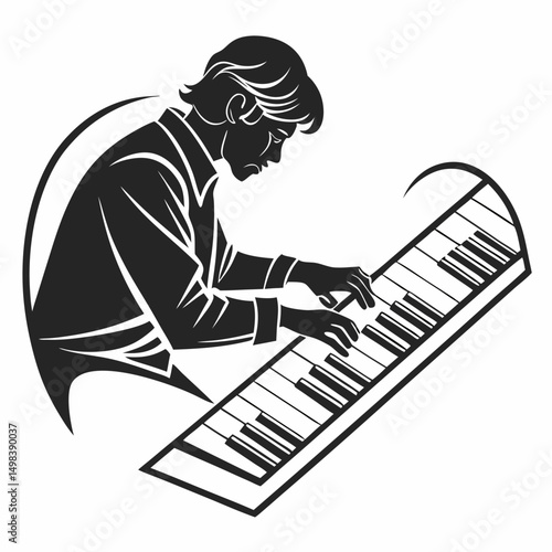 Professional musician playing keyboard isolated on white