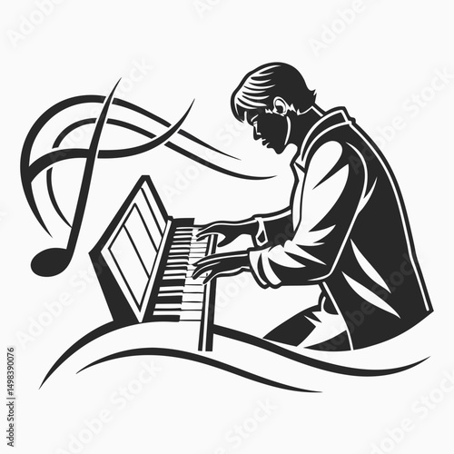 Professional musician playing keyboard isolated on white