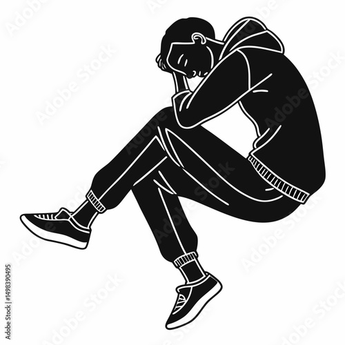 Young man sitting alone feeling sad depression