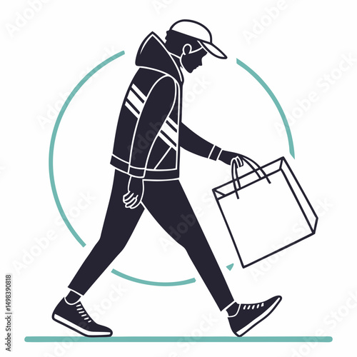 Young man walking with shopping bag casual style