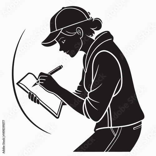 Woman in cap writing in notebook side profile