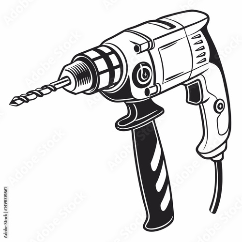 Powerful electric drill tool black and white illustration