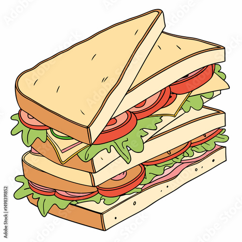 Delicious triple decker sandwich illustration, isolated cutout