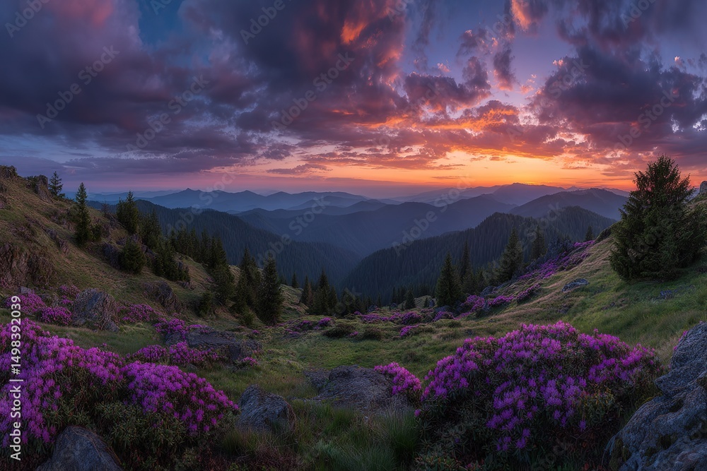 Fototapeta premium Mountainous Landscape With Purple Flowers At Sunset