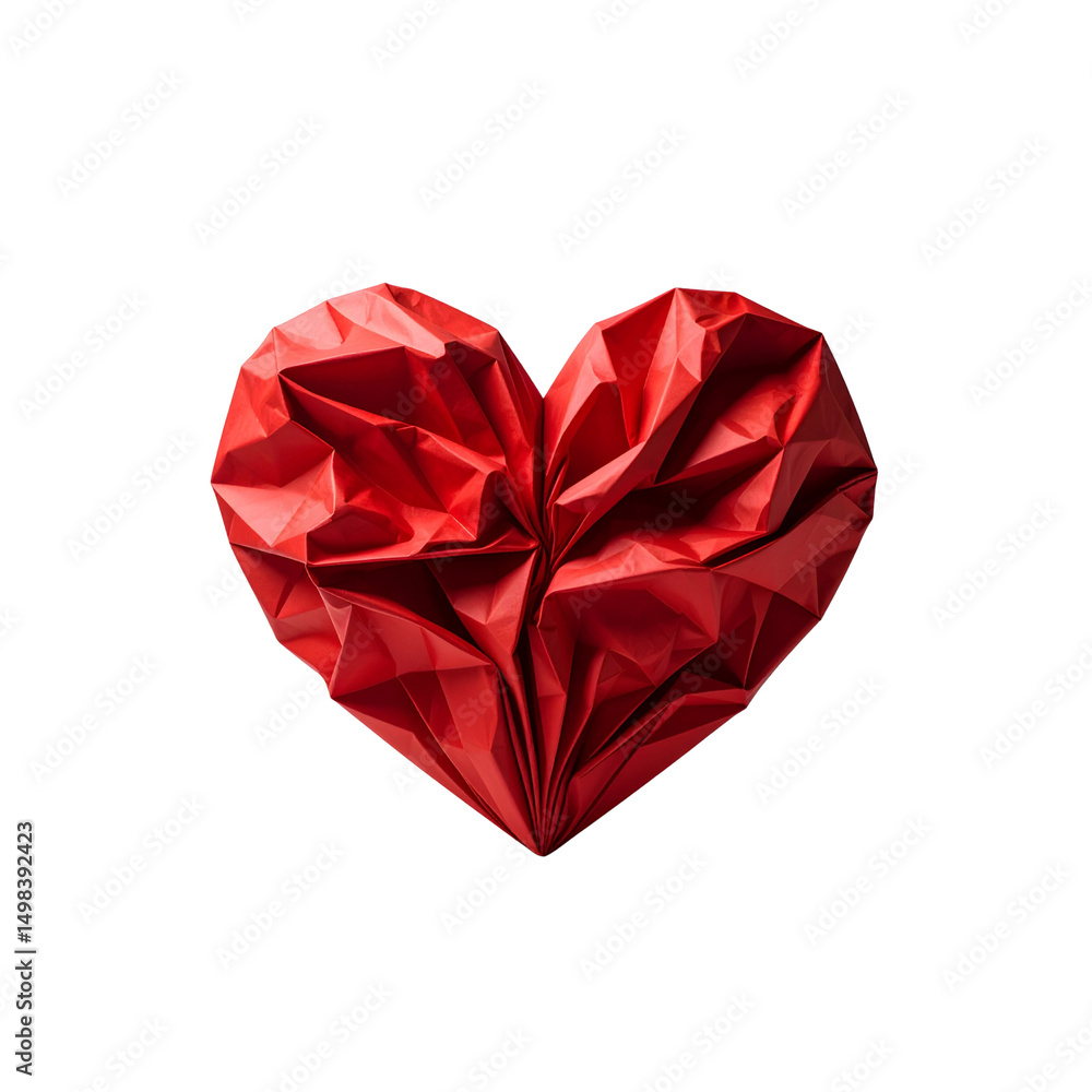 Fototapeta premium Abstract red crumpled paper heart shape design graphic love dark card on transparent background