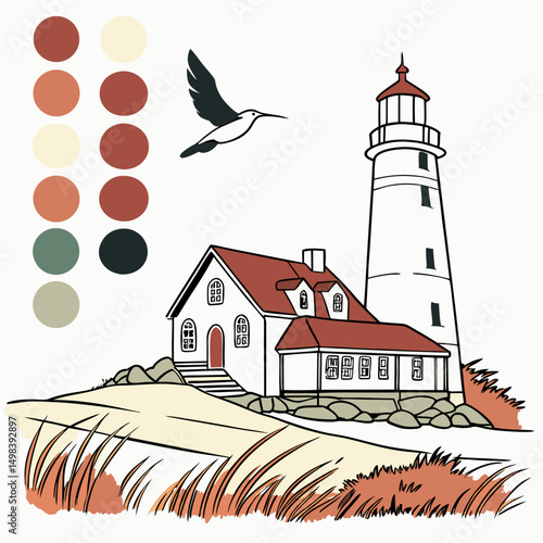 Coastal lighthouse housekeeper bird sea illustration