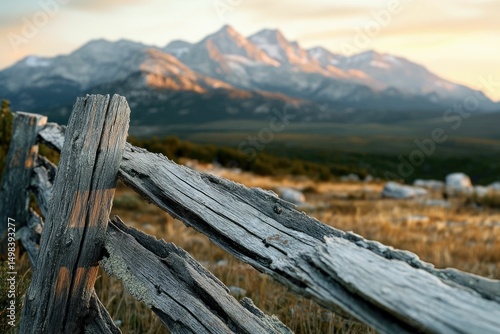 Rustic wooden fence in foreground with snow-capped mountains and golden field in background.