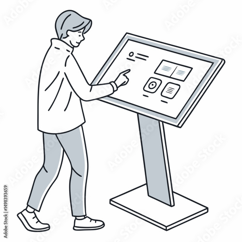 Person using interactive touchscreen kiosk display