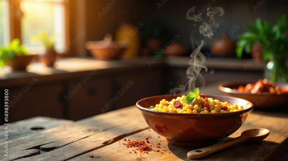 Warm Rustic Bowl of Steaming Pearl Couscous with Sundried Tomatoes and Fresh Herbs on Wooden Table Warm Rustic Bowl of Steaming Pearl Couscous with Sundried Tomatoes and Fresh Herbs on Wooden Table