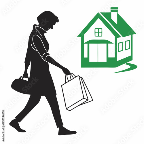 Woman walking with shopping bags near house, transparent png