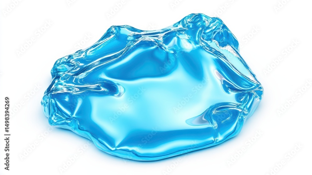 Fototapeta premium An amorphous, translucent, bright blue blob with a glossy, metallic sheen, exhibiting folds and undulations, isolated on a white background