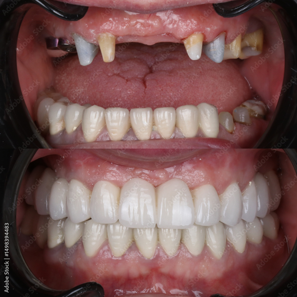 Fototapeta premium Treatment of front incisors with dental implants through oral surgery. Implant treatment of anterior aesthetic zone with E-Max and zirconia porcelain. Dental before after.